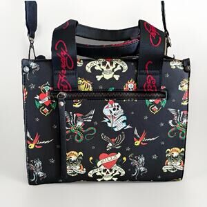 ED HARDY Love Kills Slowly Y2K Xbody Tote Bag Charm Tiger Skull Tattoo Art BLACK